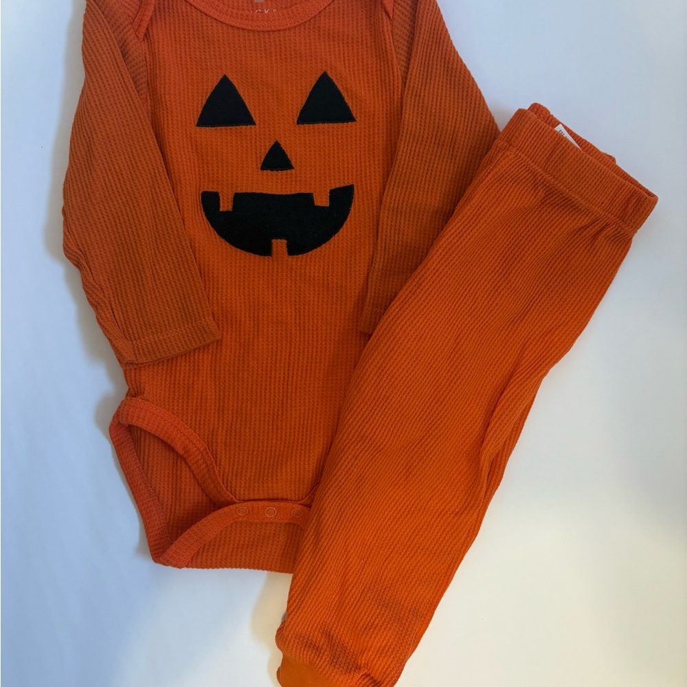 Orange Pumpkin baby onesie and pants set jack o lantern size 6-9 months